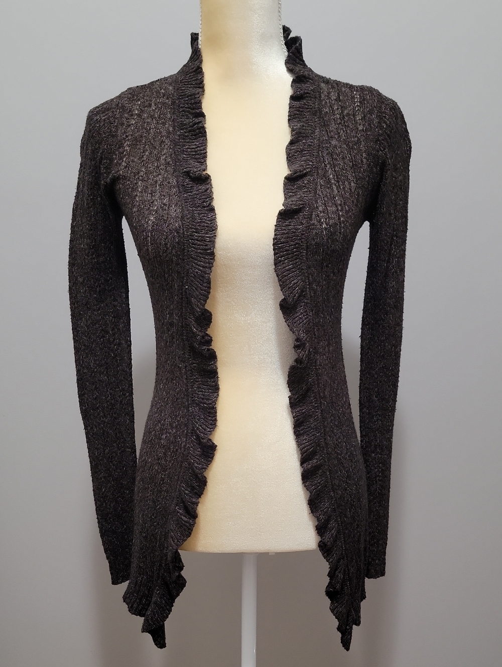 Maurices Marled Brown Ruffled Pointelle Open-Front Cardigan Sz S